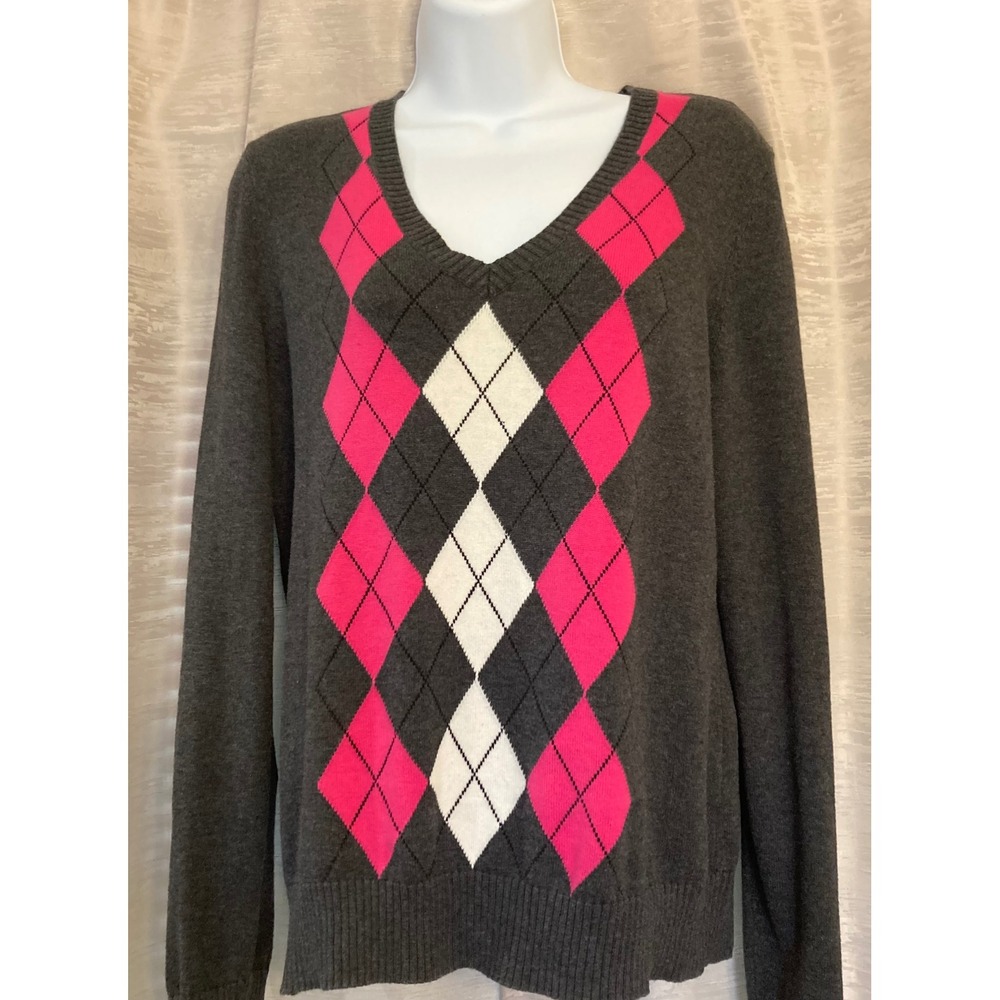 IZOD Womens Gray Pink Argyle Cotton V-Neck Long Sleeve Sweater